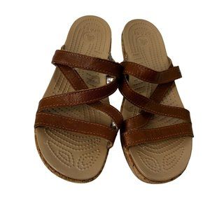 Crocs Sandals Brown Leather A-Leigh Cork Low Wedge Size 8 Slip On